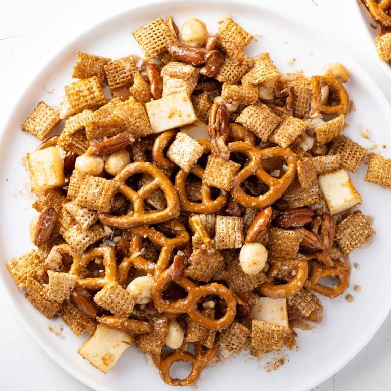 Close-up of baked Party Mix showing the festive mix of textures and the sweet cider coating.