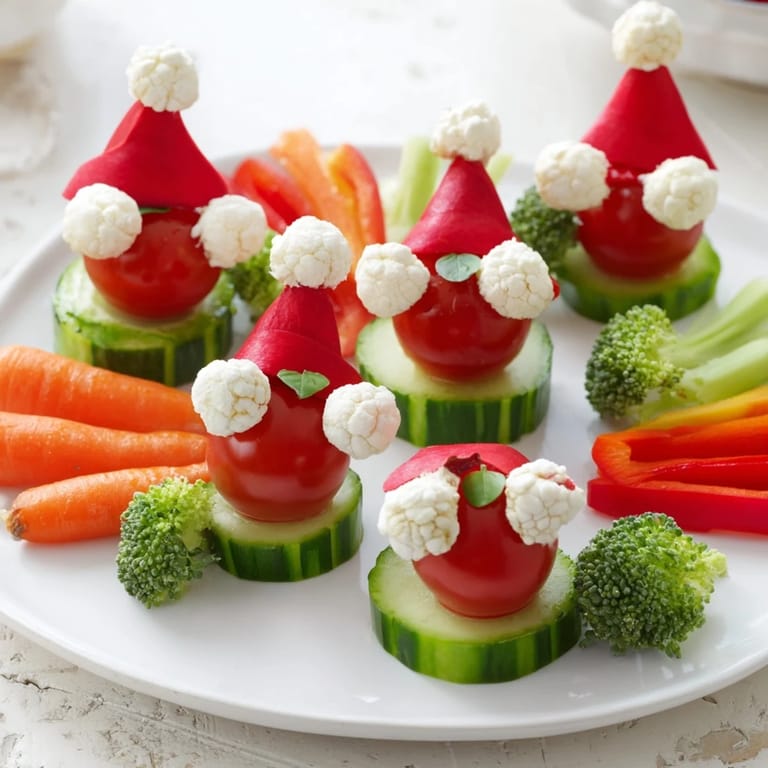 Festive Savory Crudités appetizer featuring red tomato Santa hats, fresh vegetables and a cool, flavorful dip.
