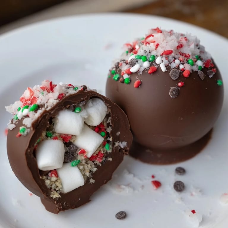Steaming mugs with Hot Cocoa Bombs melting, topped with colorful sprinkles, cookies, and more treats!