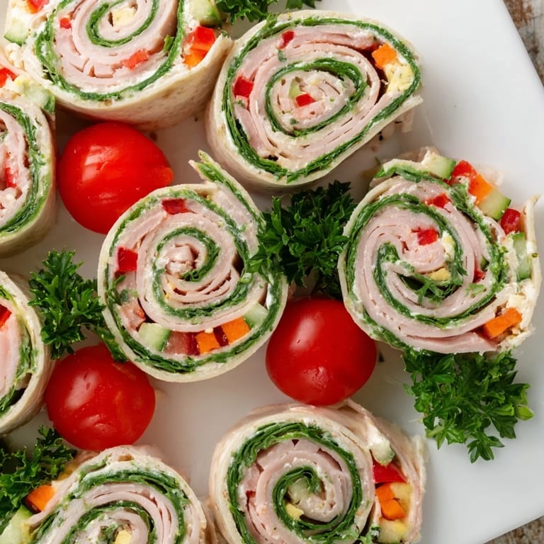 A platter of festive Smoked Turkey Pinwheels showcases colorful bell peppers and fresh parsley sprigs for a holiday feast.