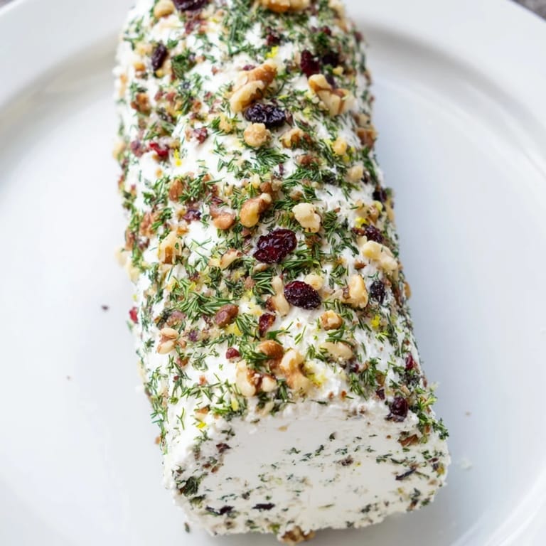 Close-up of a festive Winter Snowdrift Goat Cheese Log, showcasing the colorful, flavorful herb and nut crust.
