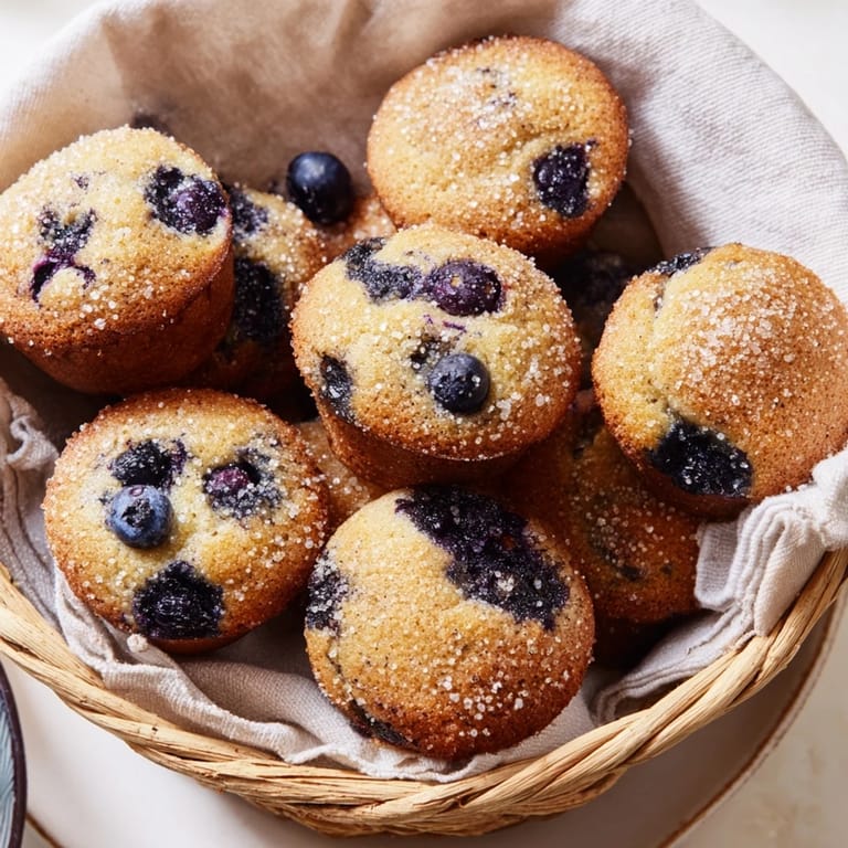 Perfect brunch idea: A woven basket displays a heap of tender mini blueberry muffins, ready to eat.