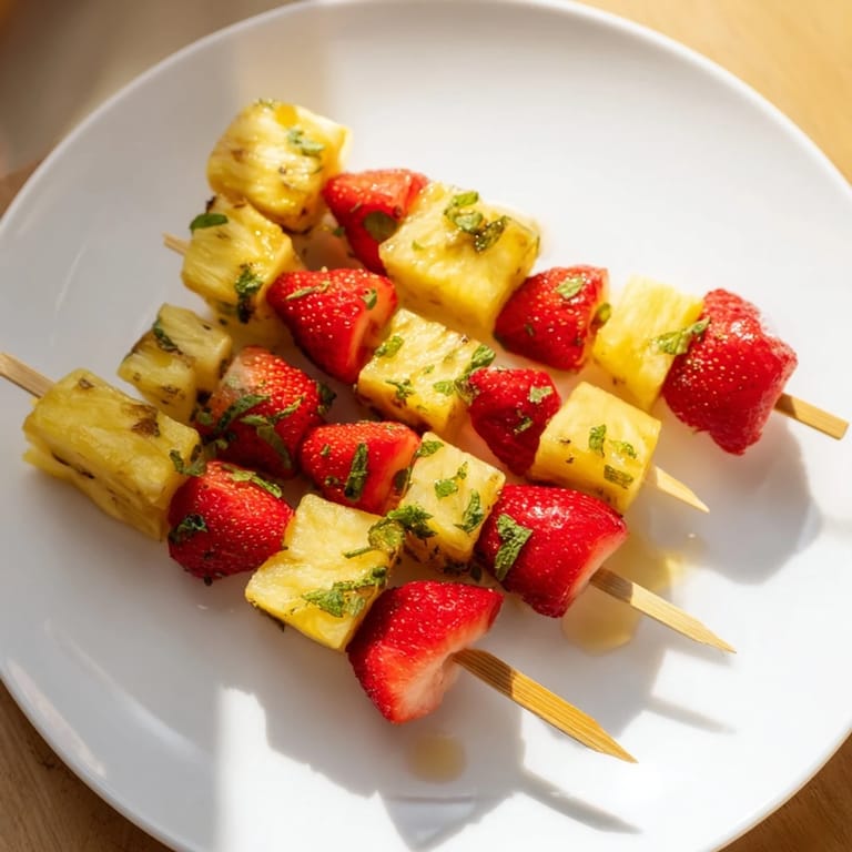 Close-up image of glistening fruit skewers, featuring sweet strawberries and golden pineapple chunks.