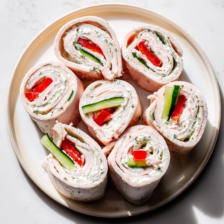 Freshly made turkey roll-ups with a colorful veggie filling, ready to serve as a tasty snack.