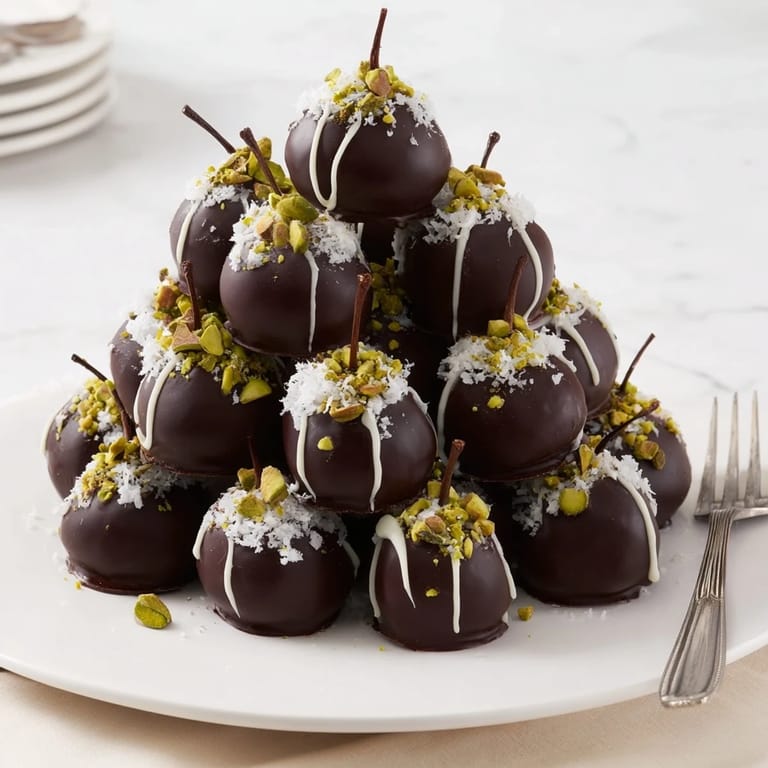 Sweet cherry halves are coated in rich chocolate, creating delicious dessert bites ready to enjoy now.
