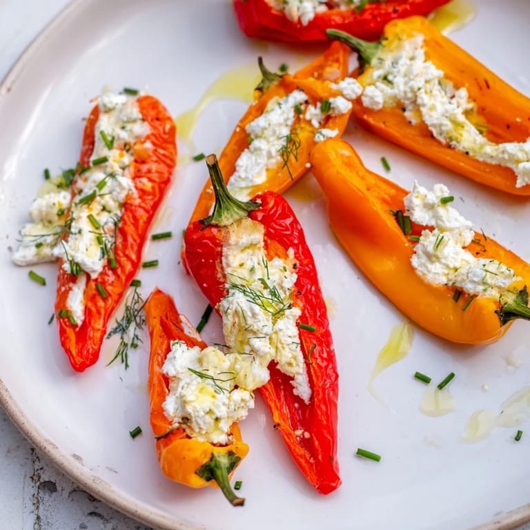 Fresh, vibrant mini bell peppers filled with creamy feta, perfect for a flavorful appetizer.