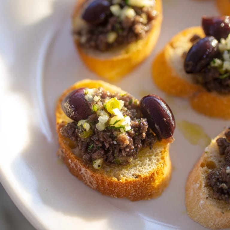 Savory black olive tapenade: a blended, rich appetizer served on crispy baked crostini.