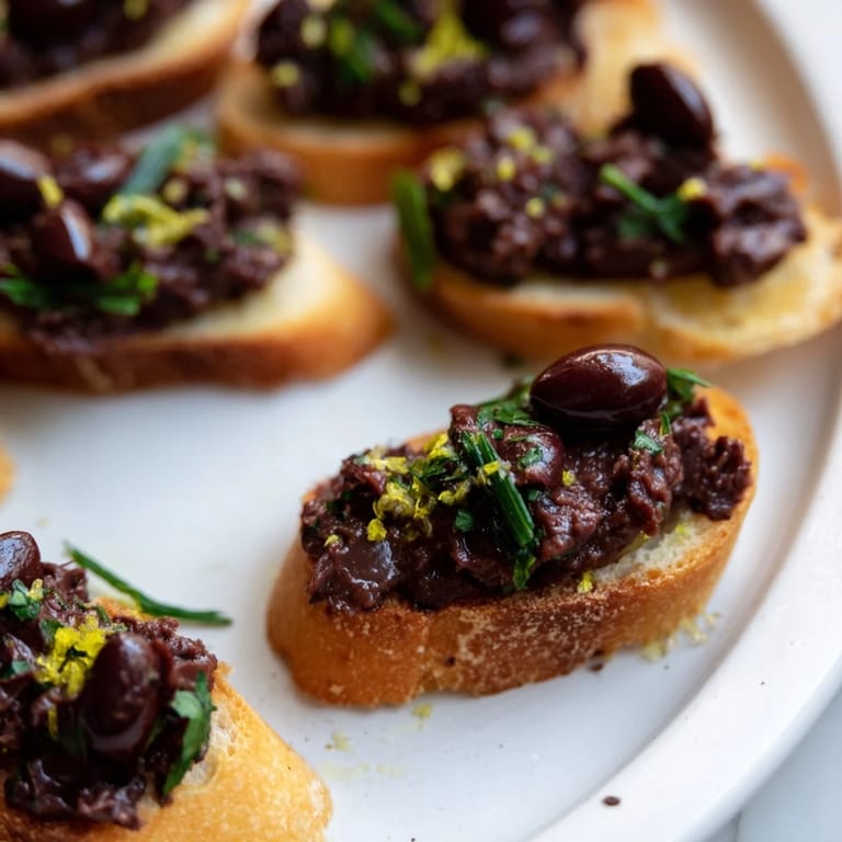 Close-up of black olive tapenade with crostini, perfect for a Mediterranean-inspired snack.