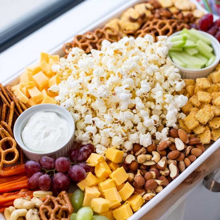 A tempting movie night munchie board overflowing with popcorn, pretzels, and fresh, colorful grapes and carrots.