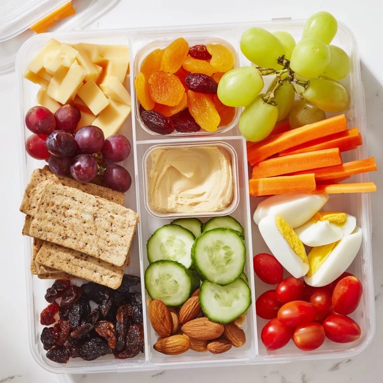 Delicious and convenient road trip snack box, packed with fresh fruit, hummus, and chocolate.