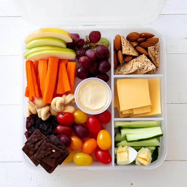 A well-balanced road trip snack box with cheese, nuts, and veggies, perfect for easy travel eating.
