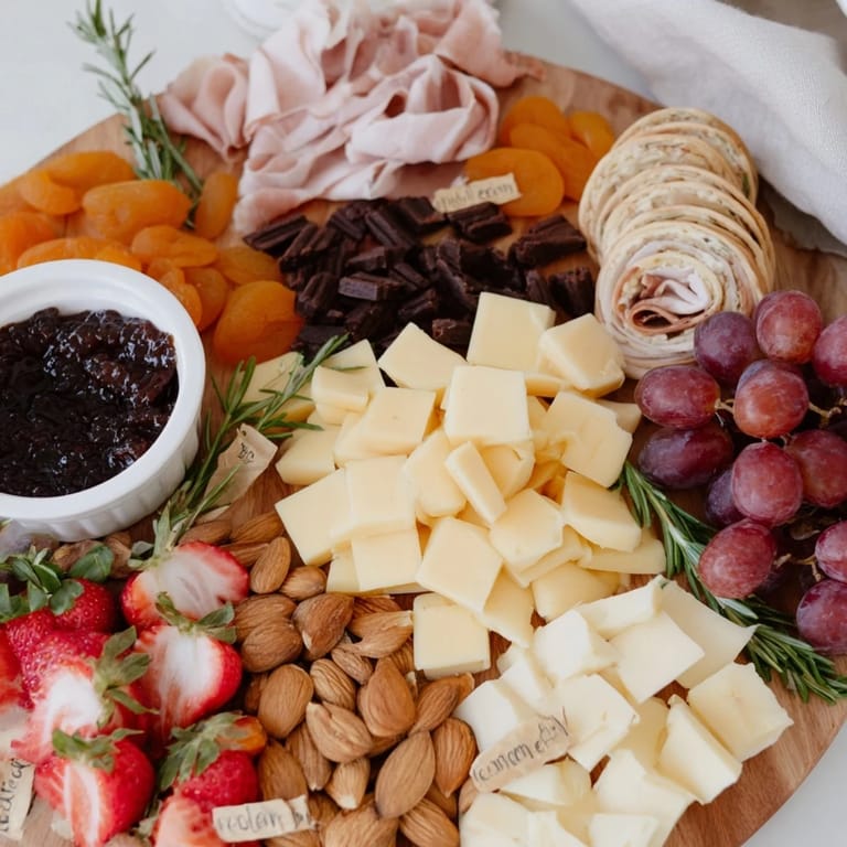This celebratory Anniversary Heirloom Arrangement features symbolic ingredients like aged cheddar and fresh strawberries on a wooden board.