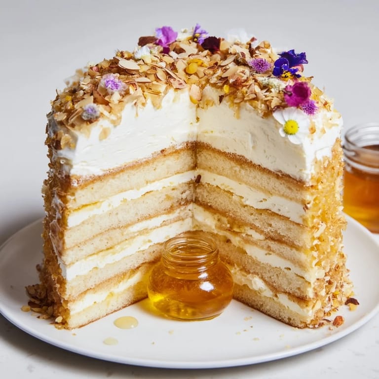 Imagine the rich The Honey-Drip, a layered cake with honey cream, topped with almonds and flowing honey.