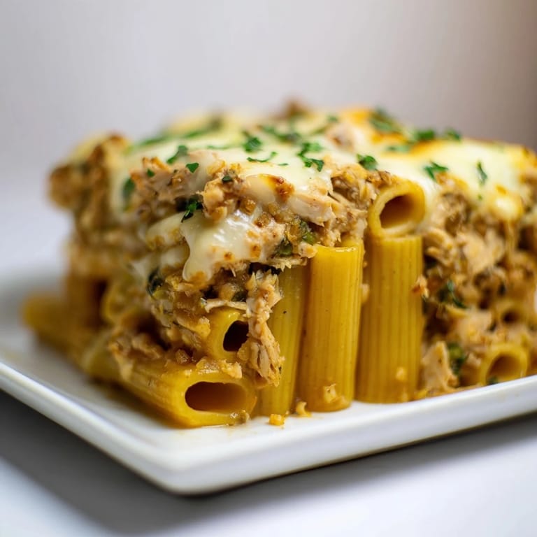 Close-up of baked Moist Maker Pasta Casserole, showing layered turkey, cheese, and pasta with flavorful sauce.