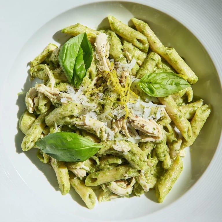 Enjoy a quick, comforting plate of 10-Minute Pesto Pasta with Chicken, bursting with flavor and color.