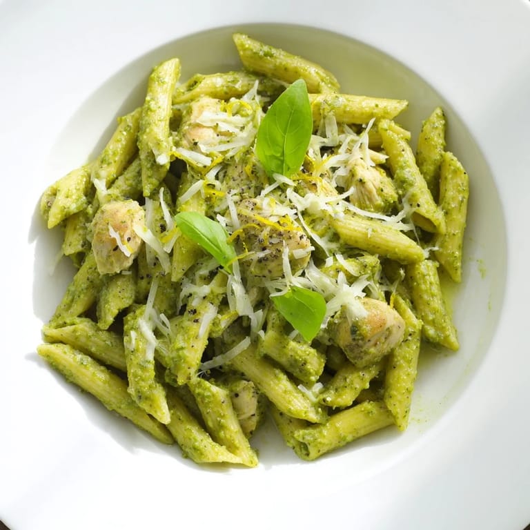 Easy weeknight meal: 10-Minute Pesto Pasta with Chicken, topped with fresh basil and lemon zest.