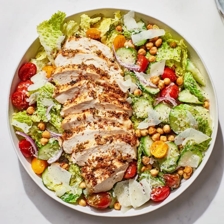 A vibrant Chicken Caesar Pasta-less Bowl, featuring fresh romaine and savory Parmesan cheese, awaits.