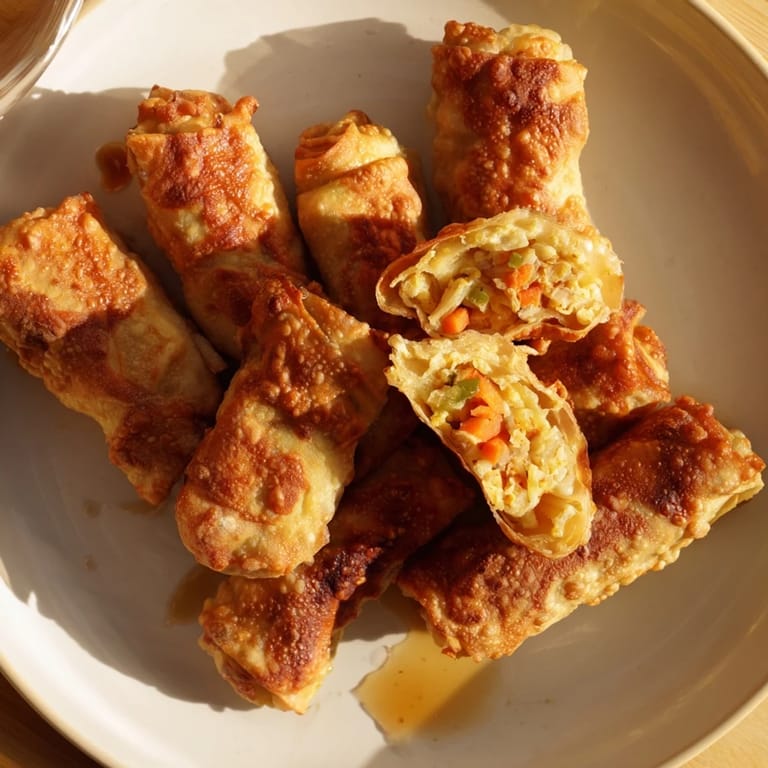 A close-up shot of crispy air fryer chicken lumpia, showcasing their golden brown, satisfying texture.