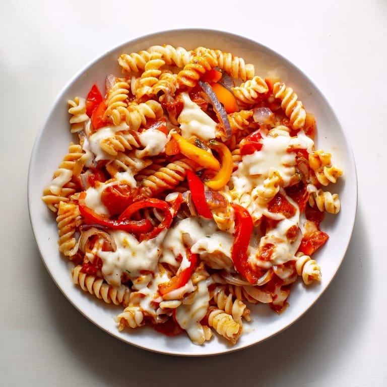 A close-up of cheesy one-pot pizza pasta, with a sprinkle of herbs and black olives.