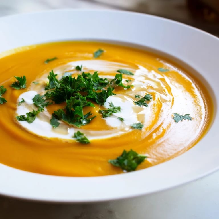 Earthy tones dominate the image of the beautifully blended Sweet Maple Carrot Soup, ready to warm you.