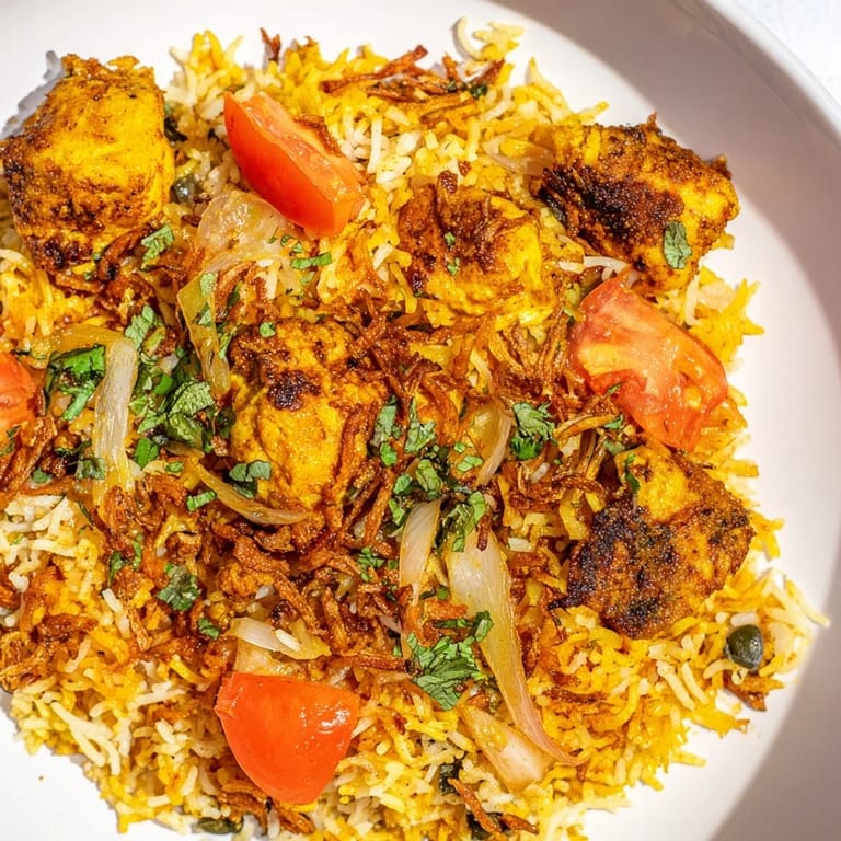 Close-up of a flavorful Easy Chicken Biryani, showcasing fluffy rice and tender chicken pieces.