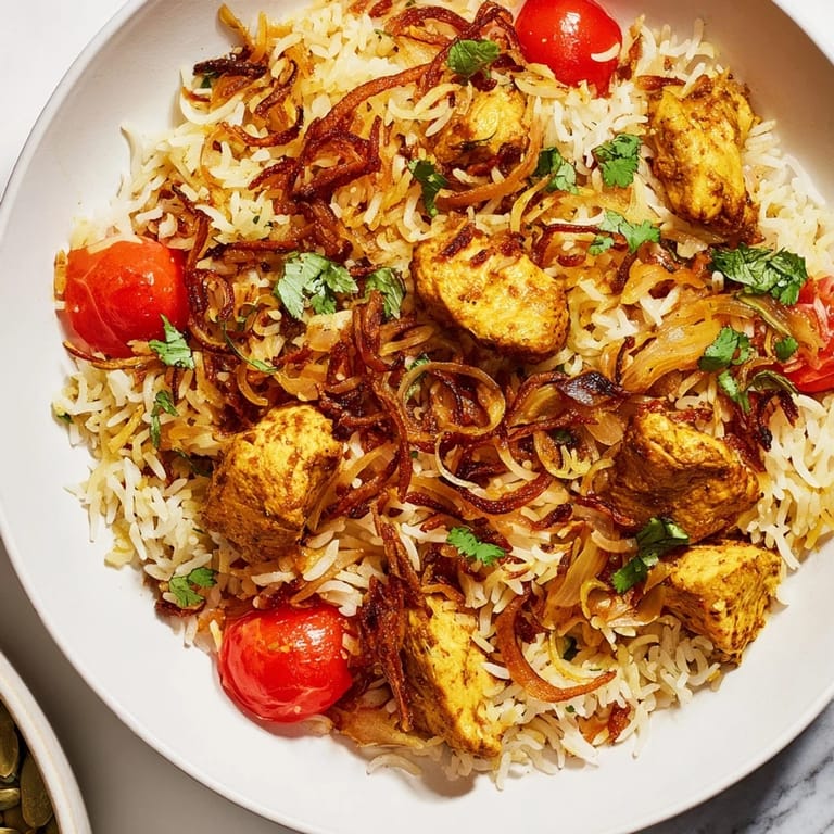Vibrant image of Easy Chicken Biryani with cilantro garnish, inviting you to enjoy this flavorful meal.