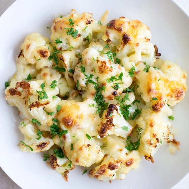 Golden baked Cheesy Cauliflower Mac with a creamy interior and melted cheese, ready to serve.