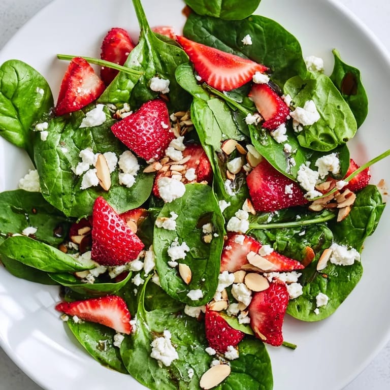 Fresh Strawberry Spinach Salad with toasted almonds and a tangy balsamic vinaigrette, a Springtime delight.