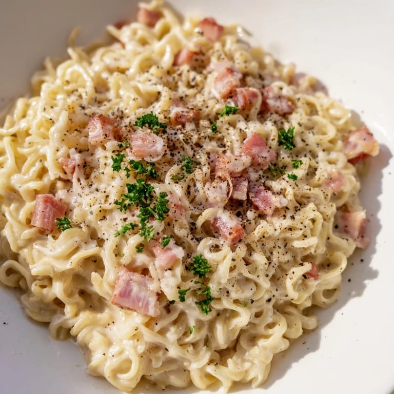 Delicious, easy Ramen Carbonara Hack with a rich egg and cheese sauce, a quick comfort food meal.