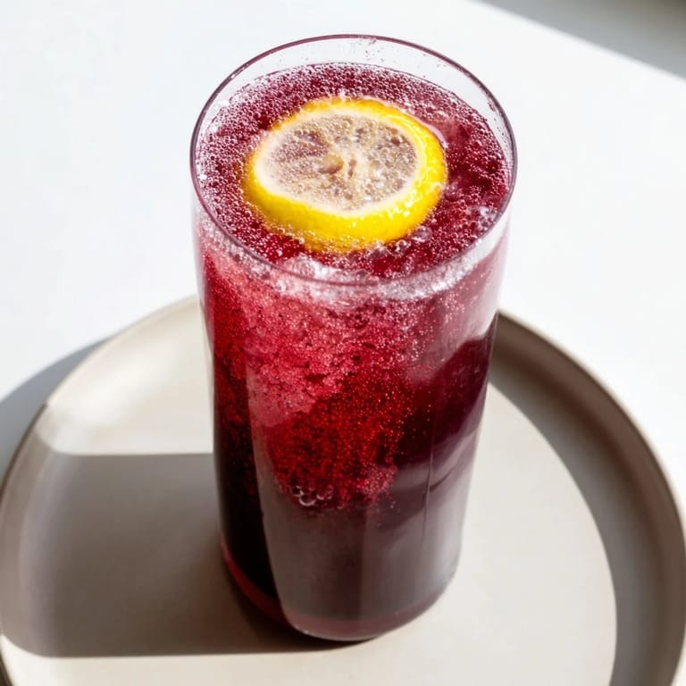 The deep red color of a homemade Sleepy Girl Mocktail, ready to soothe and refresh you.