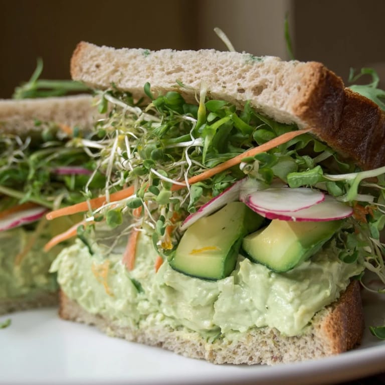 This beautiful Green Goddess Sandwich showcases colorful layers of fresh vegetables, perfect for a light lunch.