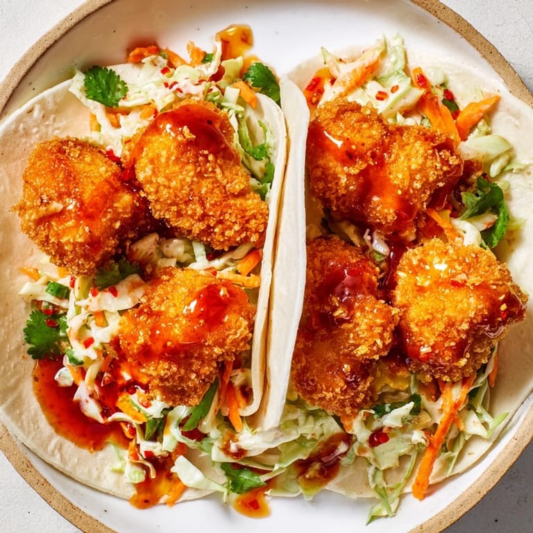 A close-up of vibrant Hot Honey Chicken Tacos with a sweet and spicy sauce dripping down the sides.