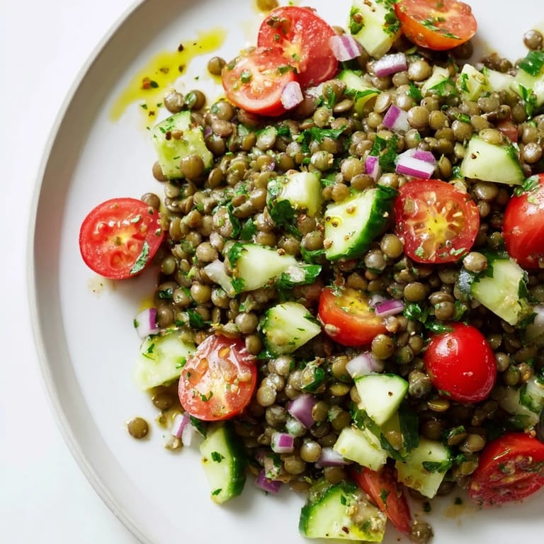 This vibrant lentil salad offers a delicious medley of flavors, perfect for a healthy vegetarian meal.