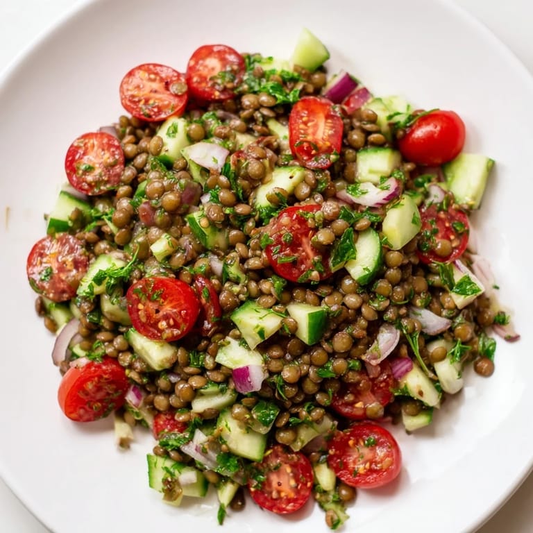 Chilled lentil salad featuring tender lentils, tossed with a zesty mustard vinaigrette for freshness.