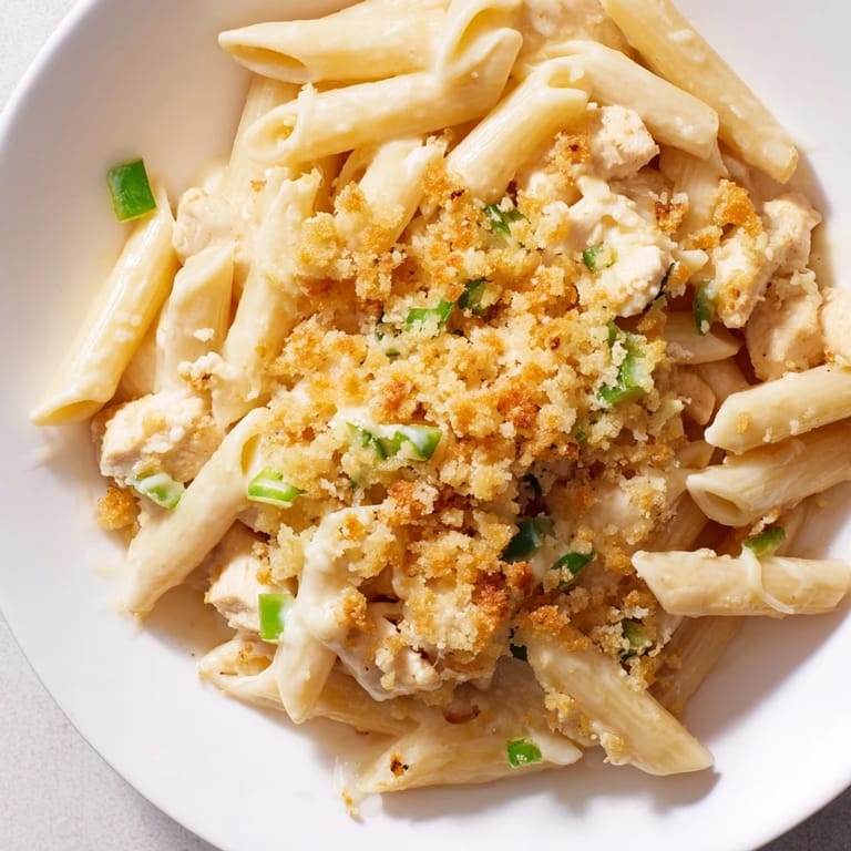 Creamy Jalapeño Popper Chicken Pasta, a comforting dish with tender chicken and melted cheese, ready to eat.