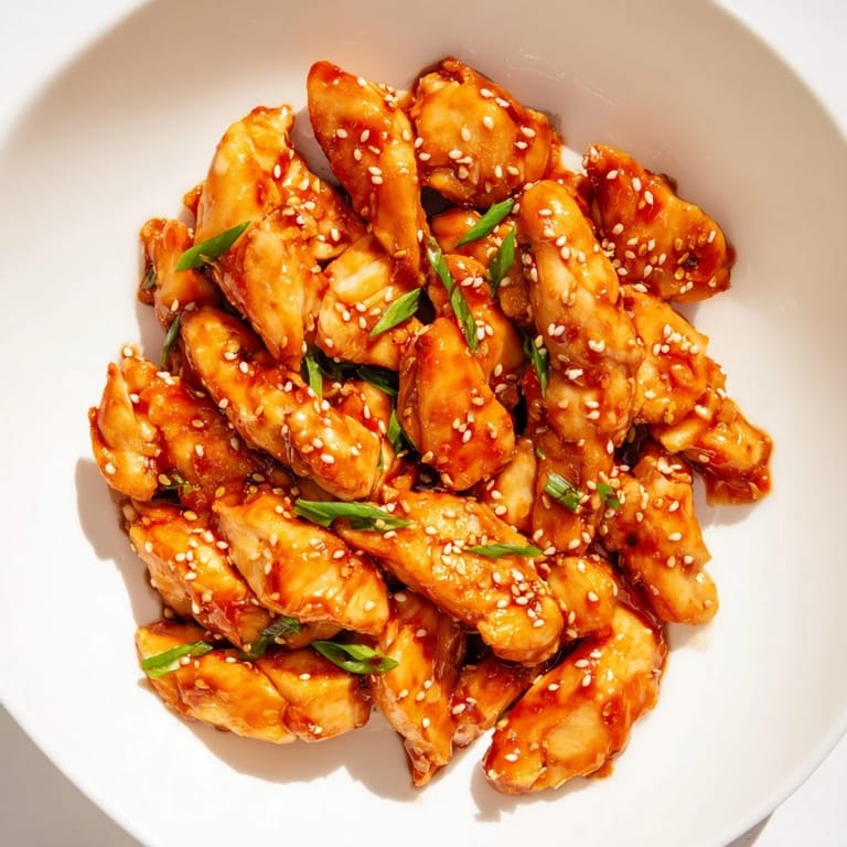 Tender Sweet and Spicy Sriracha Honey Chicken with a sticky, sweet-and-spicy sriracha coating served on a plate.