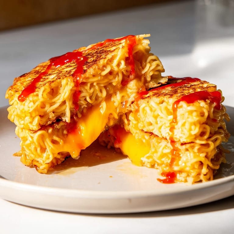 Golden, melty instant ramen grilled cheese is served, highlighting the cheesy filling and ramen buns.