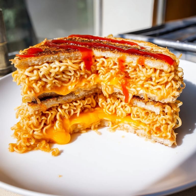 A close-up of delicious instant ramen grilled cheese, showing off the perfectly crisped noodle "bread."