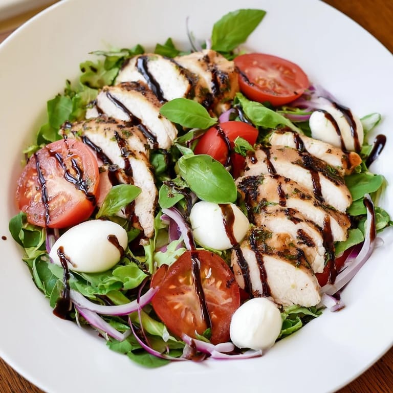 Flavorful Caprese Chicken Salad, with grilled chicken and a rich balsamic reduction drizzled over it.
