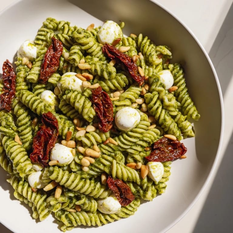 A close-up of pesto pasta salad showing vibrant green pesto coating the pasta perfectly.