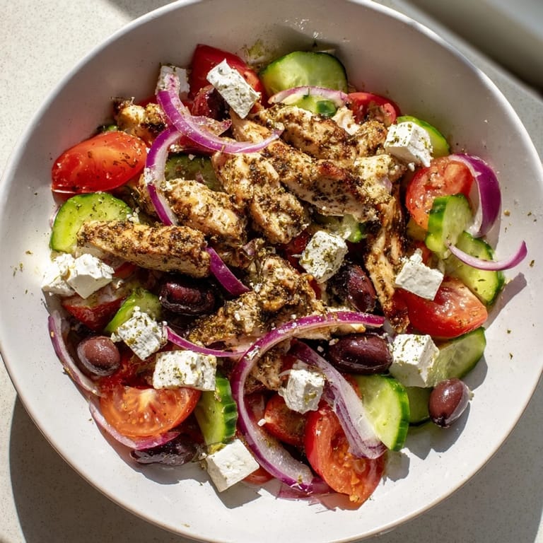 A close-up of a refreshing Greek salad with grilled chicken; imagine the juicy tomatoes and feta's crumble.