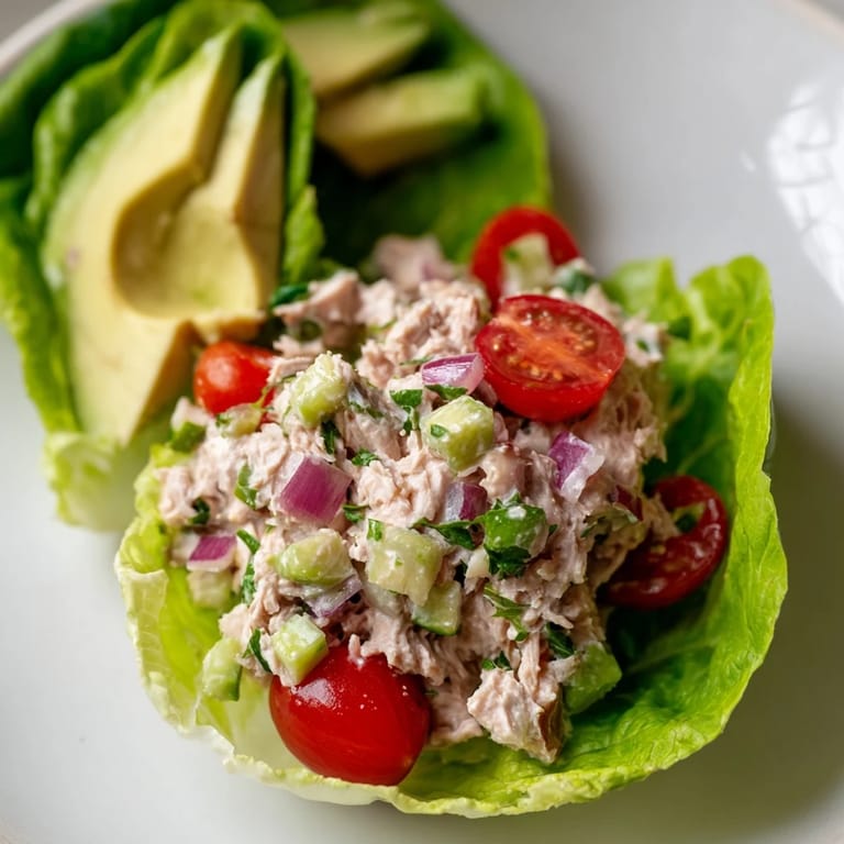Vibrant photo of tuna salad lettuce wraps: a healthy, low-carb lunch with fresh avocado slices.
