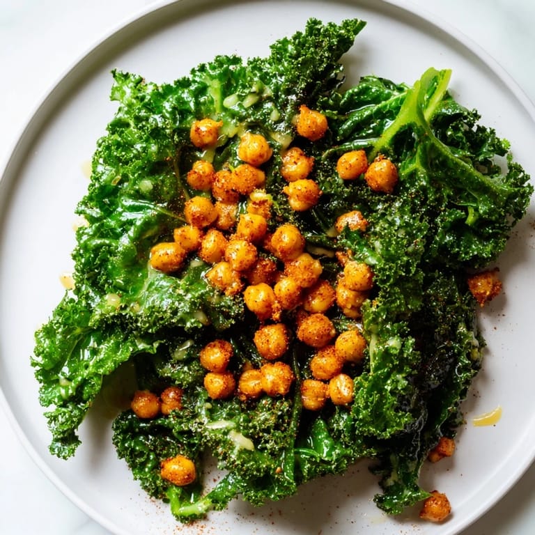 Tossed Warm Kale Salad with crispy chickpeas, seasoned with spices, and a bright lemon dressing.
