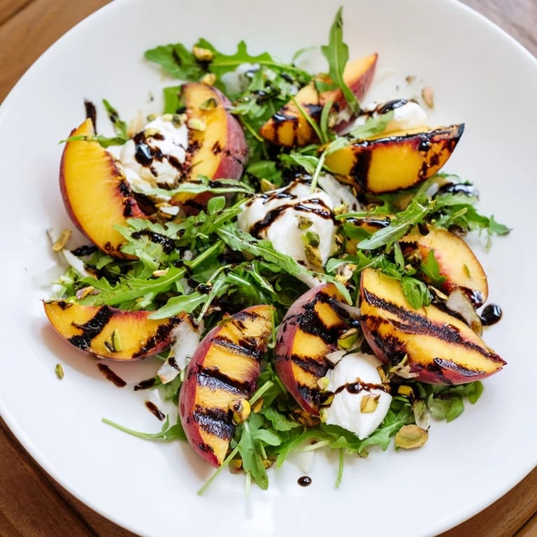 A refreshing Grilled Peach Salad, featuring sweet peaches, peppery arugula, and a drizzle of balsamic.