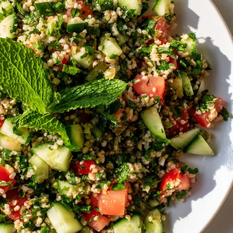 Chilled Lebanese Tabbouleh Salad: a bright, zesty salad with juicy tomatoes and fresh mint.