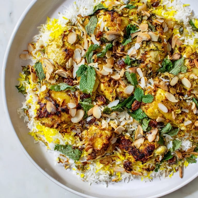 Close-up of Kuwaiti Biryani Rice, displaying fluffy basmati rice, tender meat, and crunchy nuts on top.