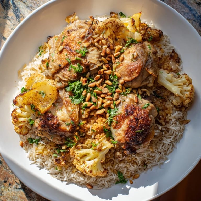 A dramatic view of perfectly plated Palestinian maklouba, showcasing its colorful vegetable components and tender meat.