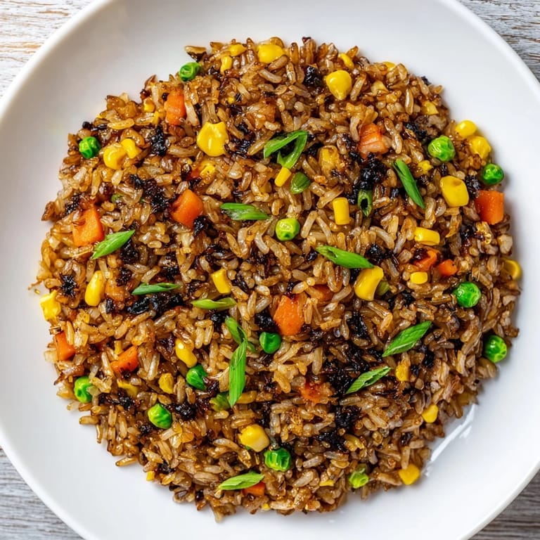 Close-up of umami-rich black garlic fried rice with mixed vegetables, a perfectly cooked egg ribbons, and glistening sesame oil throughout.  