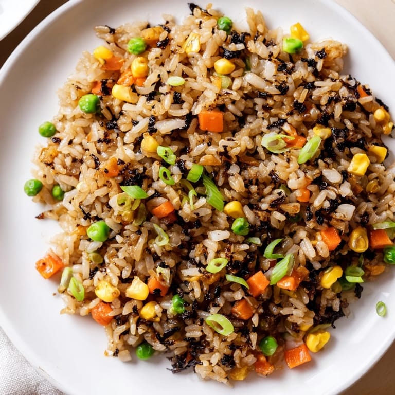 Easy homemade black garlic fried rice in a skillet, featuring day-old jasmine rice with tender peas, carrots, and a drizzle of soy sauce.