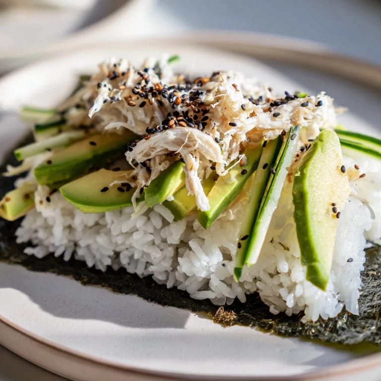 Freshly rolled Sushi Rice Hand Rolls with sweet crab, fluffy rice, and toasted sesame seeds, served with soy sauce.